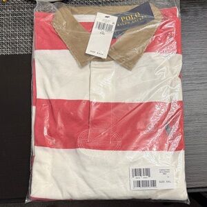 Polo by Ralph Lauren Men’s Red and White Striped Rugby Shirt with Tan Collar